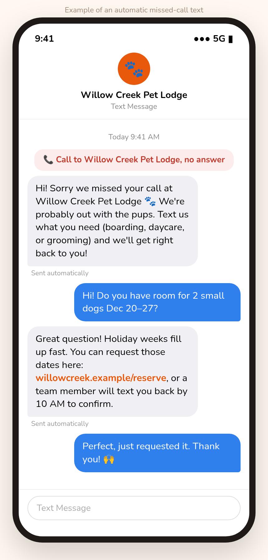 A phone showing an example text conversation: a missed call, an automatic friendly reply, the customer asking about dates, and a reply with a booking link.